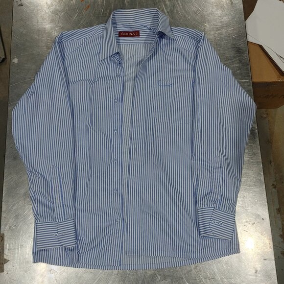 Good Condition Silkina 40cm Men's Casual Button Shirt Blue Striped Size M - Picture 1 of 3